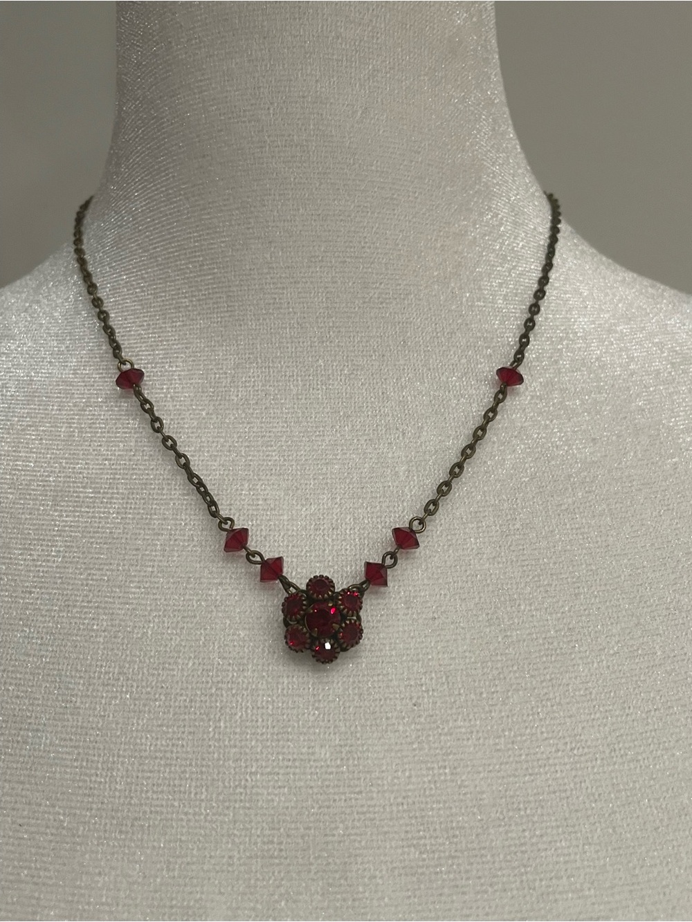 Robert Rose Gold Tone Red Floral Rhinestone & Crystal Pendant Necklace